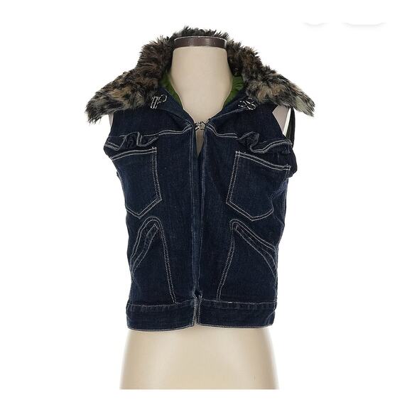Harvey Faircloth Denim Vest Size S Faux Fur Collar Zip Jean Jacket Y2K Style